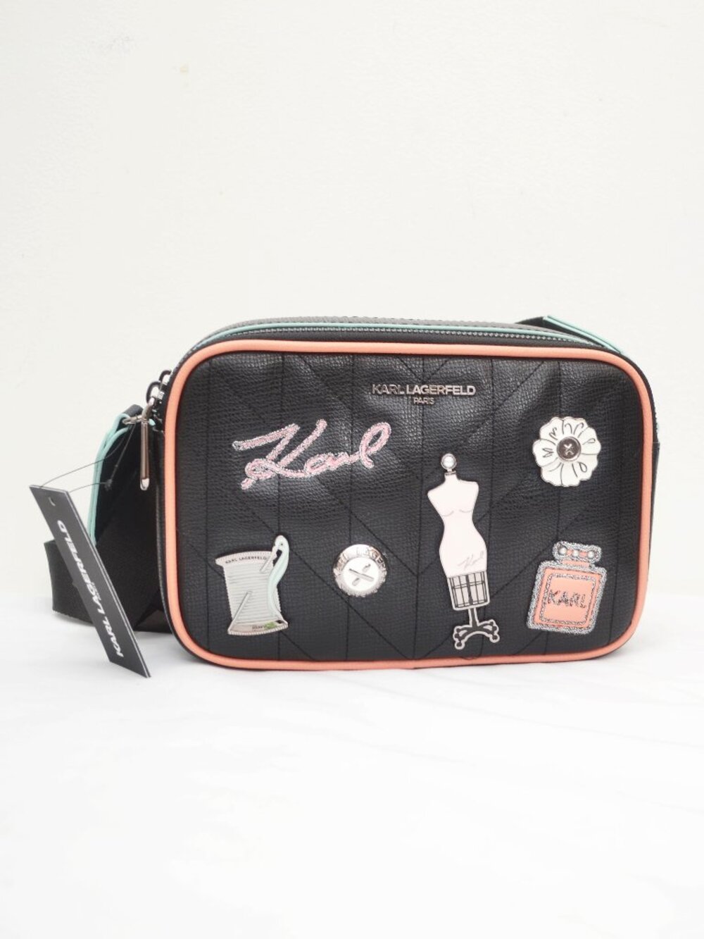 Karl Lagerfeld Quilted Black Crossbody Dual Zip Camera Bag BNWT